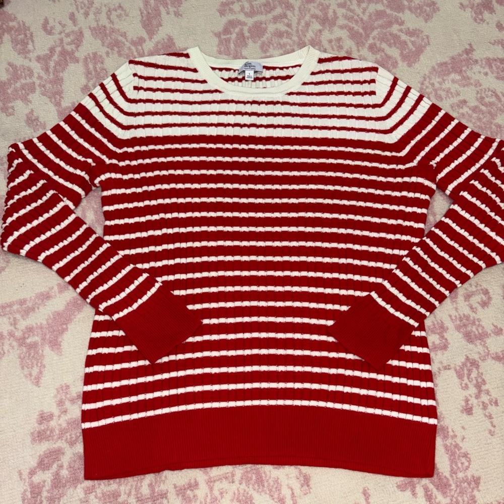 Kim Rogers Red & White Striped Crewneck Cable Knit 100% Cotton Sweater Women’s L